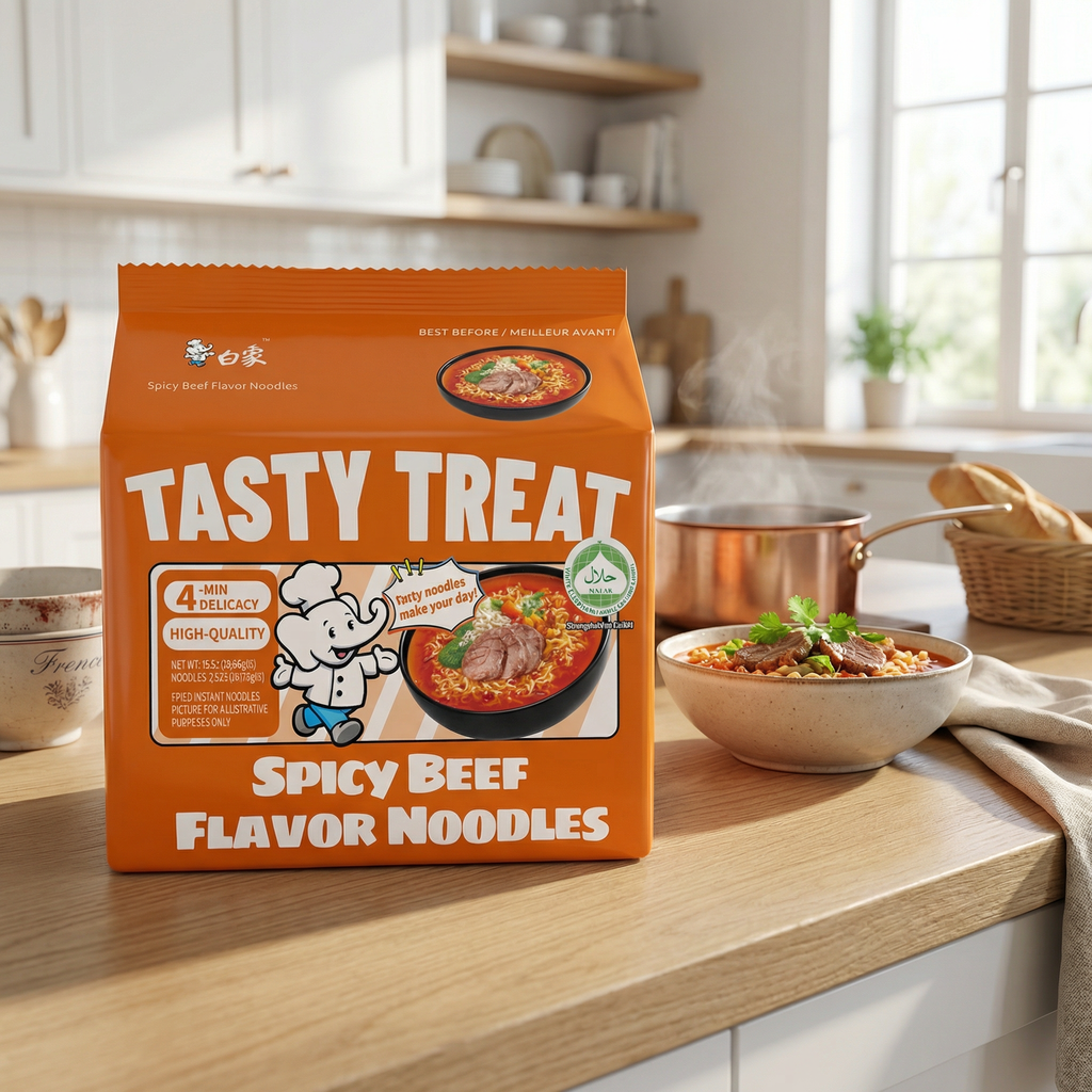 Bai Xiang Soupe de nouilles au bœuf délicieuse et épicée halal Nouilles instantanées 5*88 g (5 paquets)