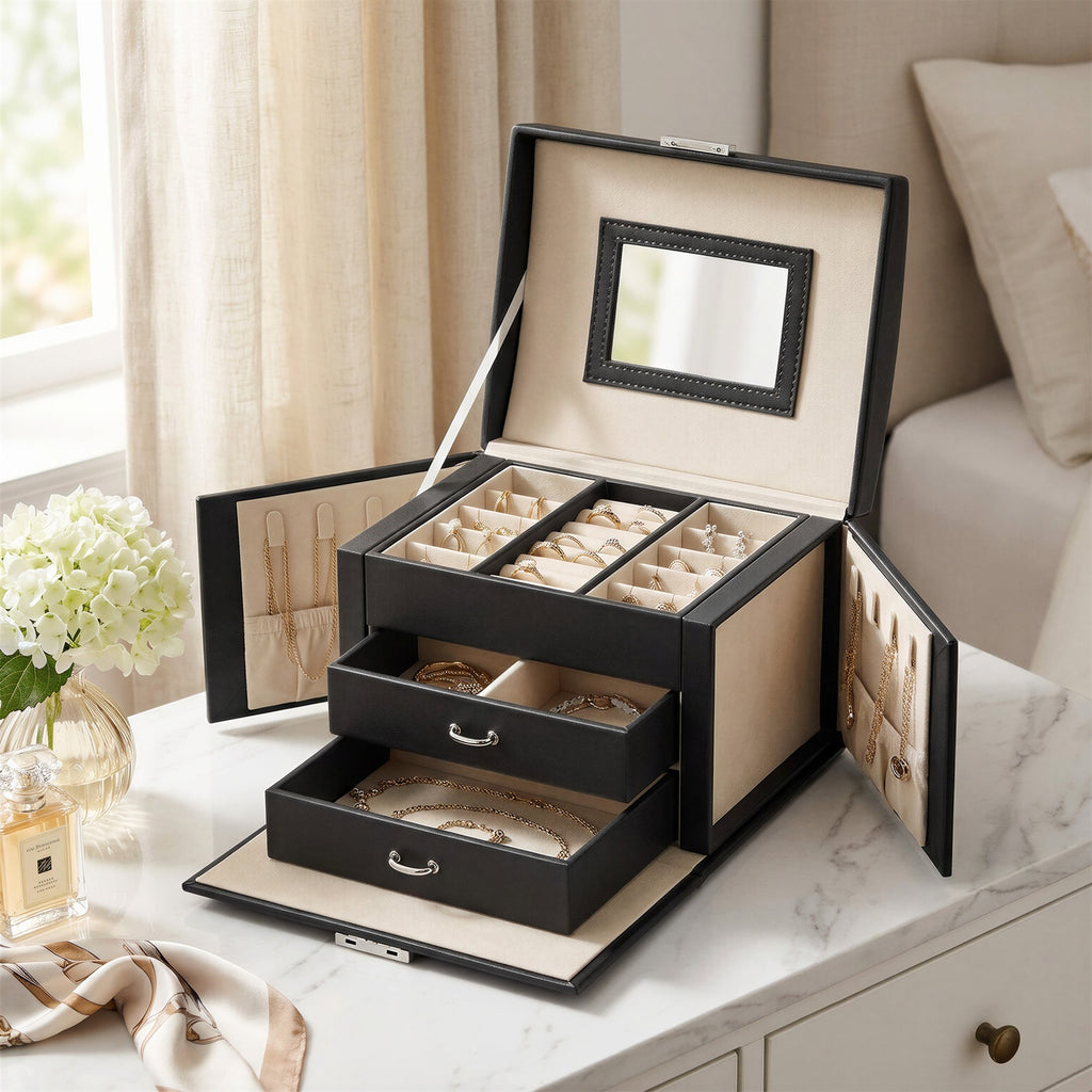 JOYFURNOS Boîte de voyage pour bijoux avec miroir, 2 tiroirs, verrouillable, idée cadeau, noir
