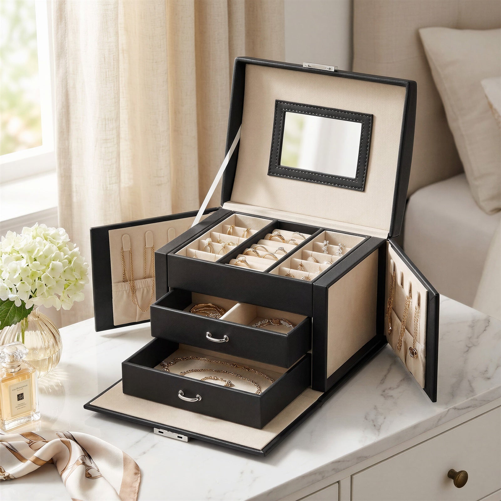 JOYFURNOS Boîte de voyage pour bijoux avec miroir, 2 tiroirs, verrouillable, idée cadeau, noir
