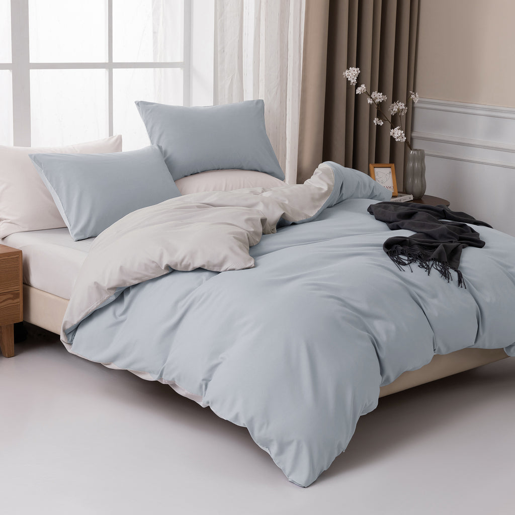 MENDALE Parure de lit haut de gamme - Housse de couette 135 x 200 cm avec taie d’oreiller 80 x 80 cm - Microfibre douce brossée - Bleu clair et gris clair