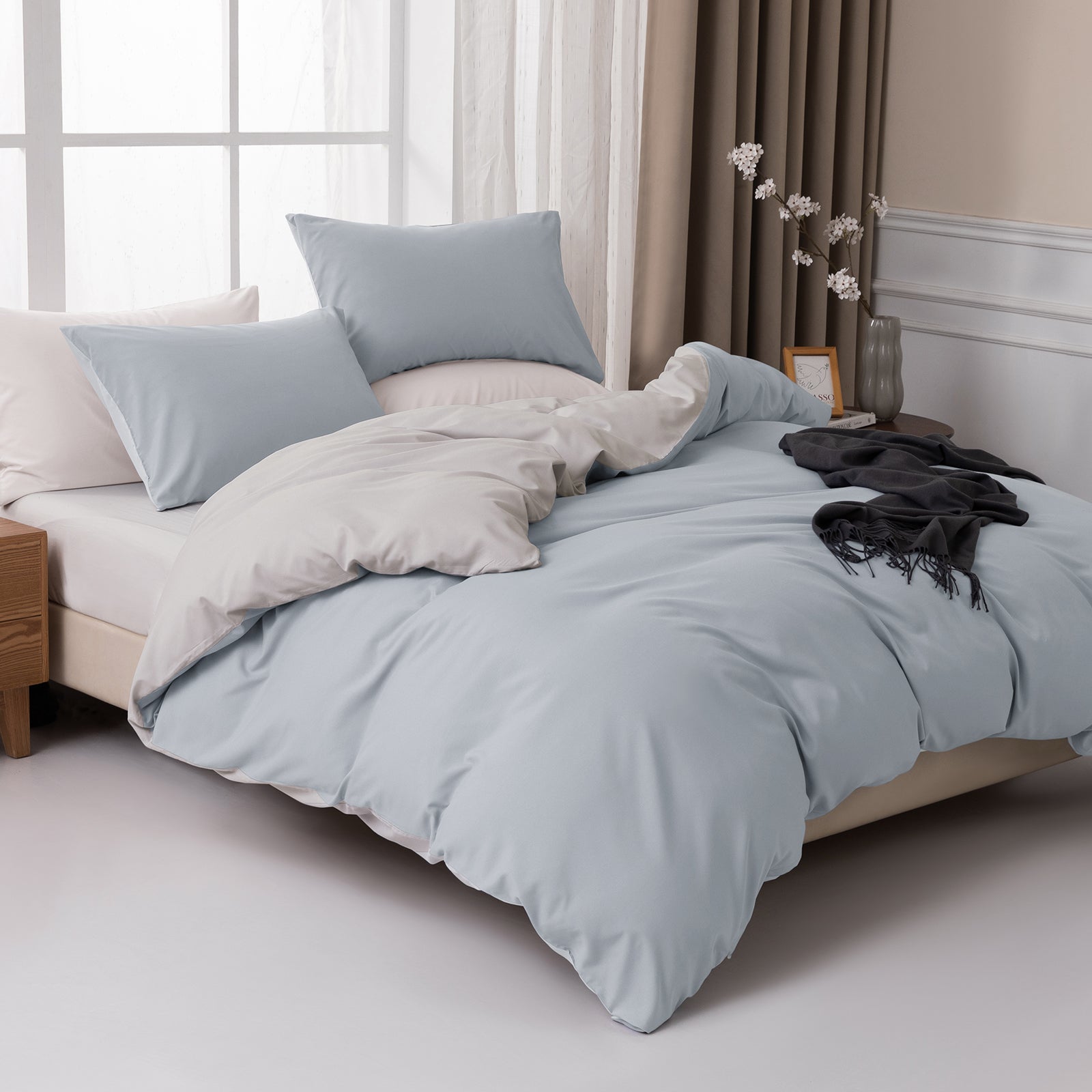 MENDALE Parure de lit haut de gamme - Housse de couette 135 x 200 cm avec taie d’oreiller 80 x 80 cm - Microfibre douce brossée - Bleu clair et gris clair