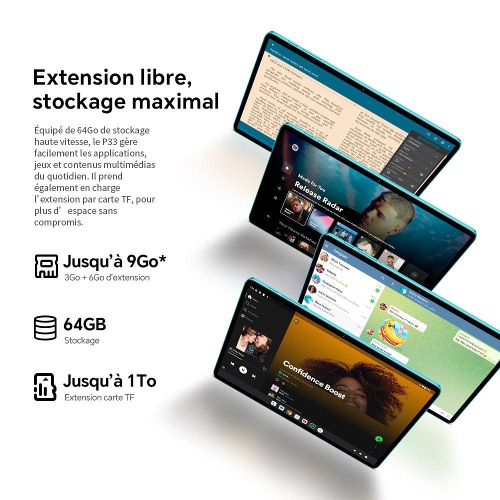 TECLAST P33 Tablette Android 15 Écran IPS 10,1 pouces RAM 9 Go Stockage 64 Go Ensemble 11 pièces Étui de protection et clavier