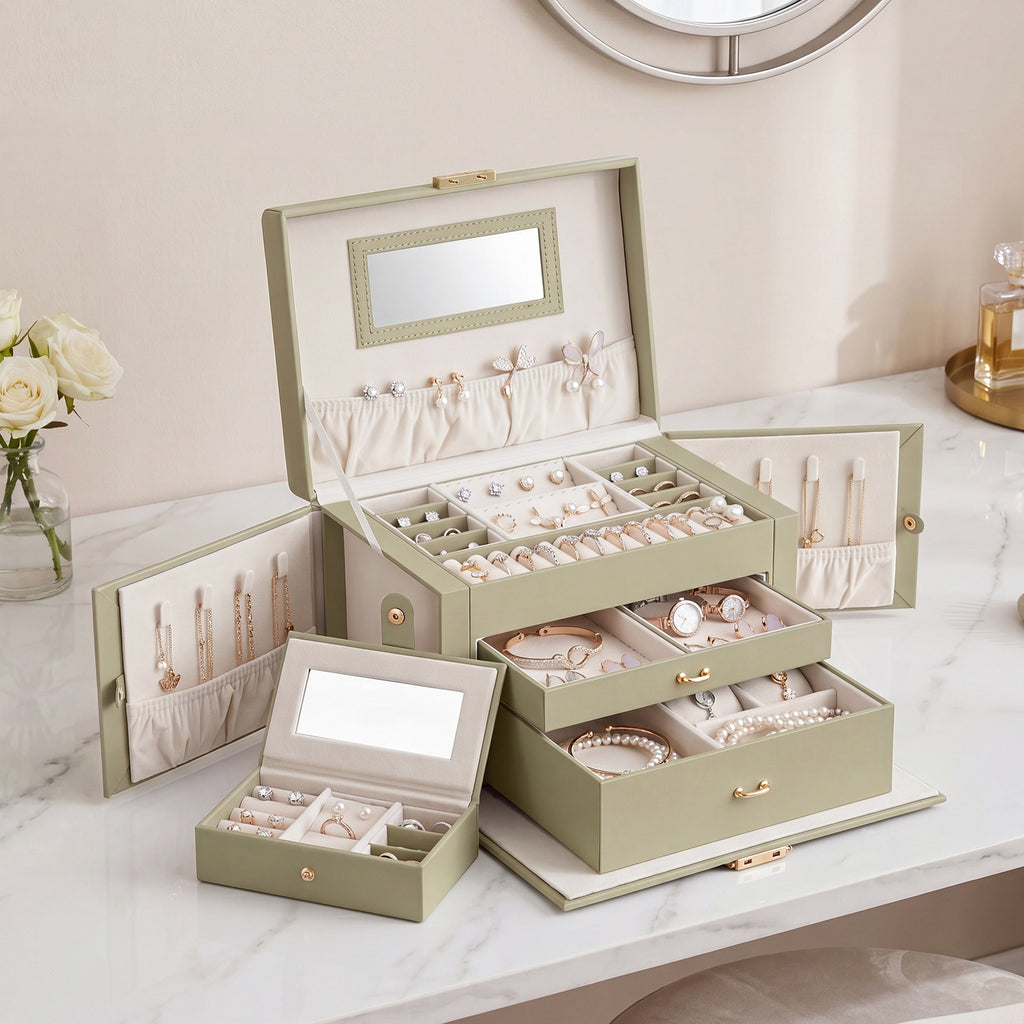 JOYFURNOS Boîte de rangement pour bijoux à 3 niveaux, Organisateur verrouillable avec poignée et 2 tiroirs, Cadeau pour femme, Usage de voyage, Vert