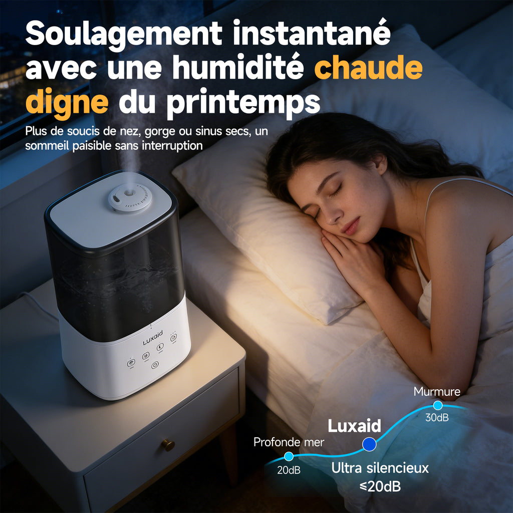 Luxaid Humidificateur Brume Froide/Chaude 4,5L, Jusqu'à 47m², Remplissage Par Le Haut, Commande Tactile, Minuterie 4/8/12h, Mode Silencieux 20dB, Buse 360°, Fonction Aromathérapie pour Chambre