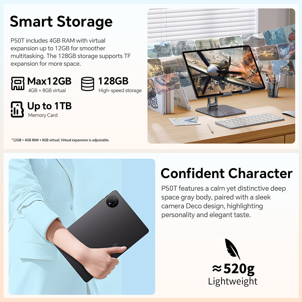 TECLAST P50T Tablette 11 po, Android 16, 4 Go de mémoire vive + 128 Go de stockage, Wi-Fi 5G, Processeur T7200 à huit cœurs, Batterie 7000 mAh, GPS, OTG, Prise audio 3,5 mm