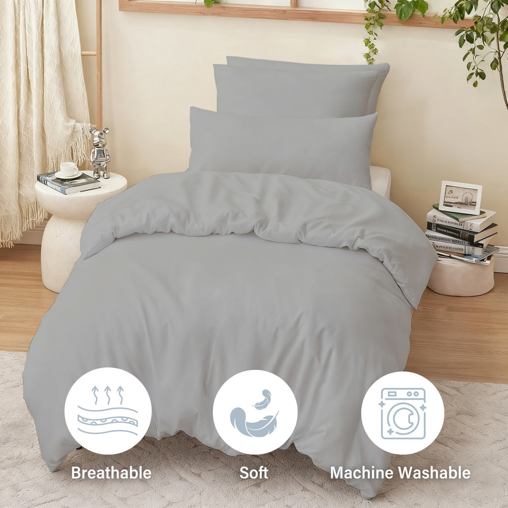 LeBonsoir Parure de lit brossée avec 1 housse de couette 155 x 220 cm et 2 taies d’oreiller 80 x 80 cm, avec fermeture éclair - Gris clair