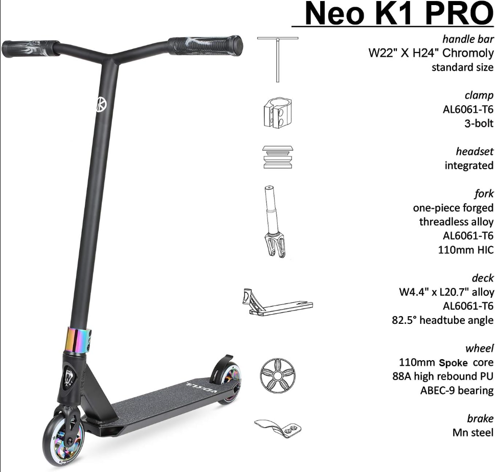 VOKUL K1 Pro Trottinette freestyle pour enfants à partir de 8 ans, adolescents, adultes - Trottinette freestyle niveau débutant pour garçons, filles - Trottinette freestyle pour skatepark et rue