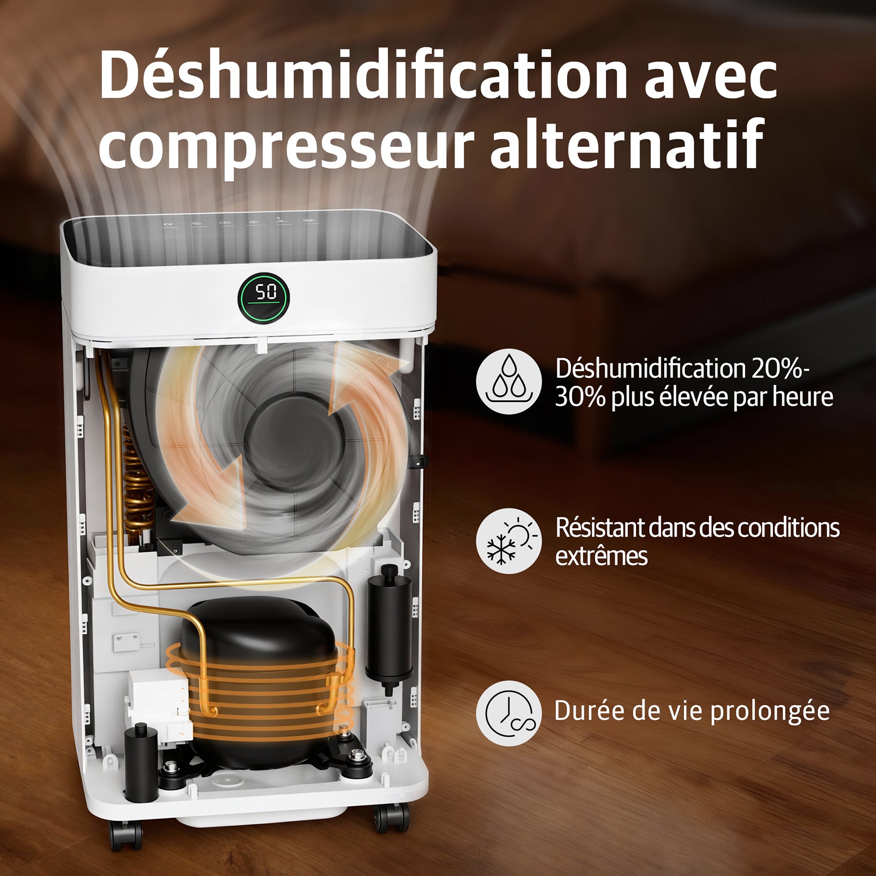 TRULIVA Déshumidificateur 25 L/jour avec séchage du linge, dégivrage automatique, R290, réservoir de 2,8 L et tuyau d’évacuation en continu, pour la maison, les sous-sols