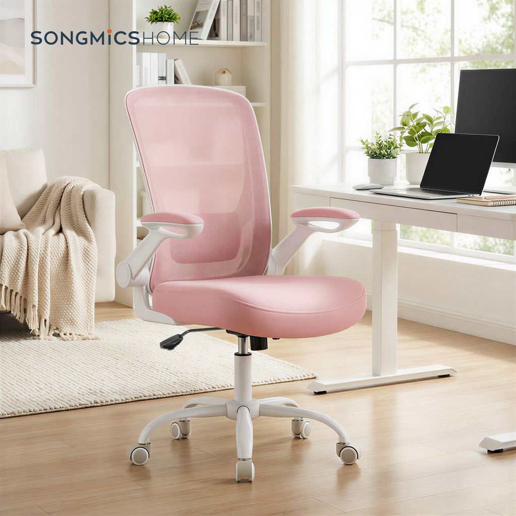 JOYFURNOS Chaise de bureau ergonomique blanc nuage en maille – Accoudoirs relevables, épais coussin en mousse, inclinaison 90–105°, hauteur réglable 103–110 cm