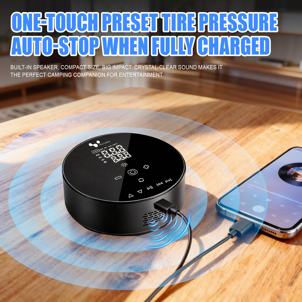 Gonfleur de pneus de voiture sans fil double alimentation 4500 mAh – Compresseur d'air portable avec haut-parleur Bluetooth, batterie externe et lampe LED