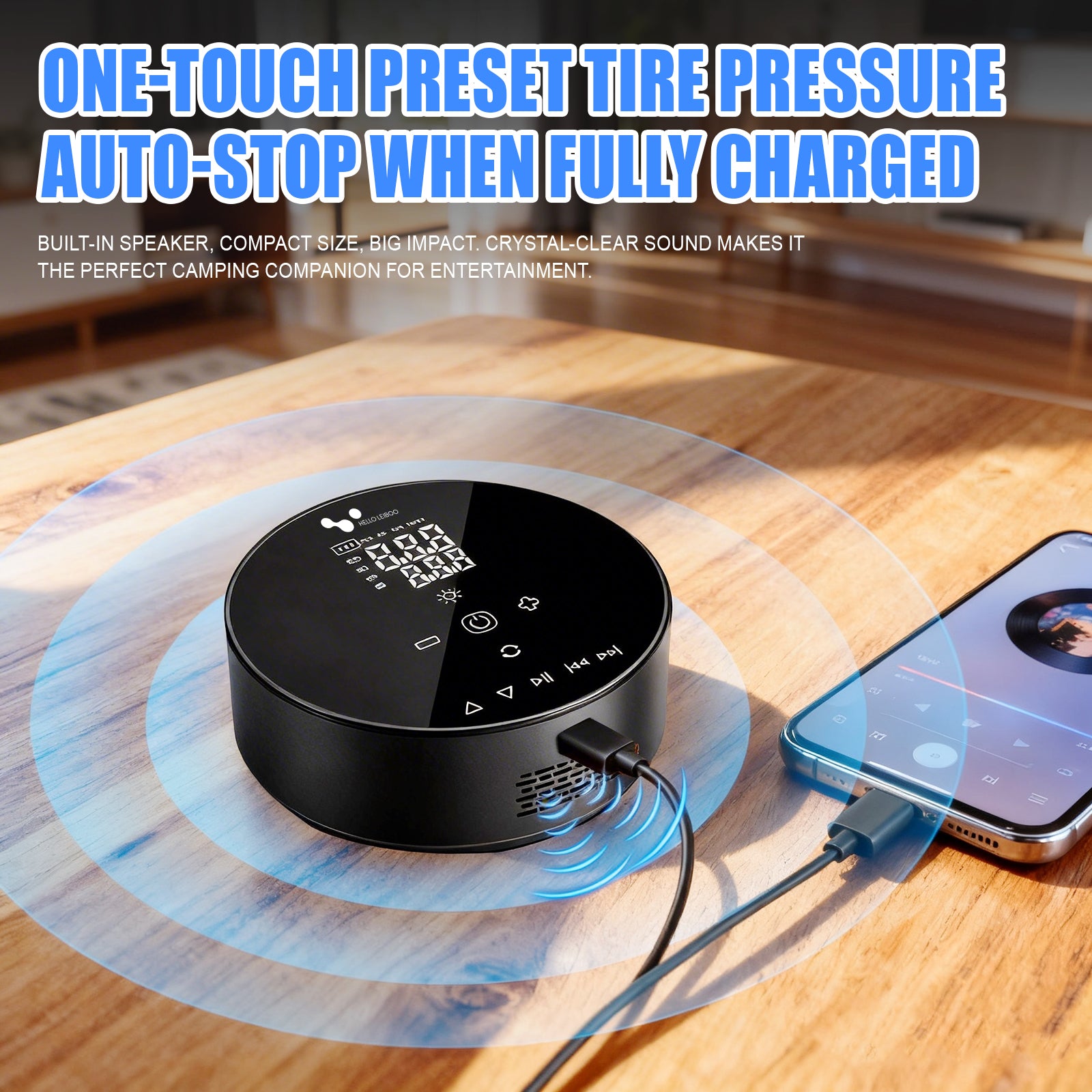 Gonfleur de pneus de voiture sans fil double alimentation 4500 mAh – Compresseur d'air portable avec haut-parleur Bluetooth, batterie externe et lampe LED