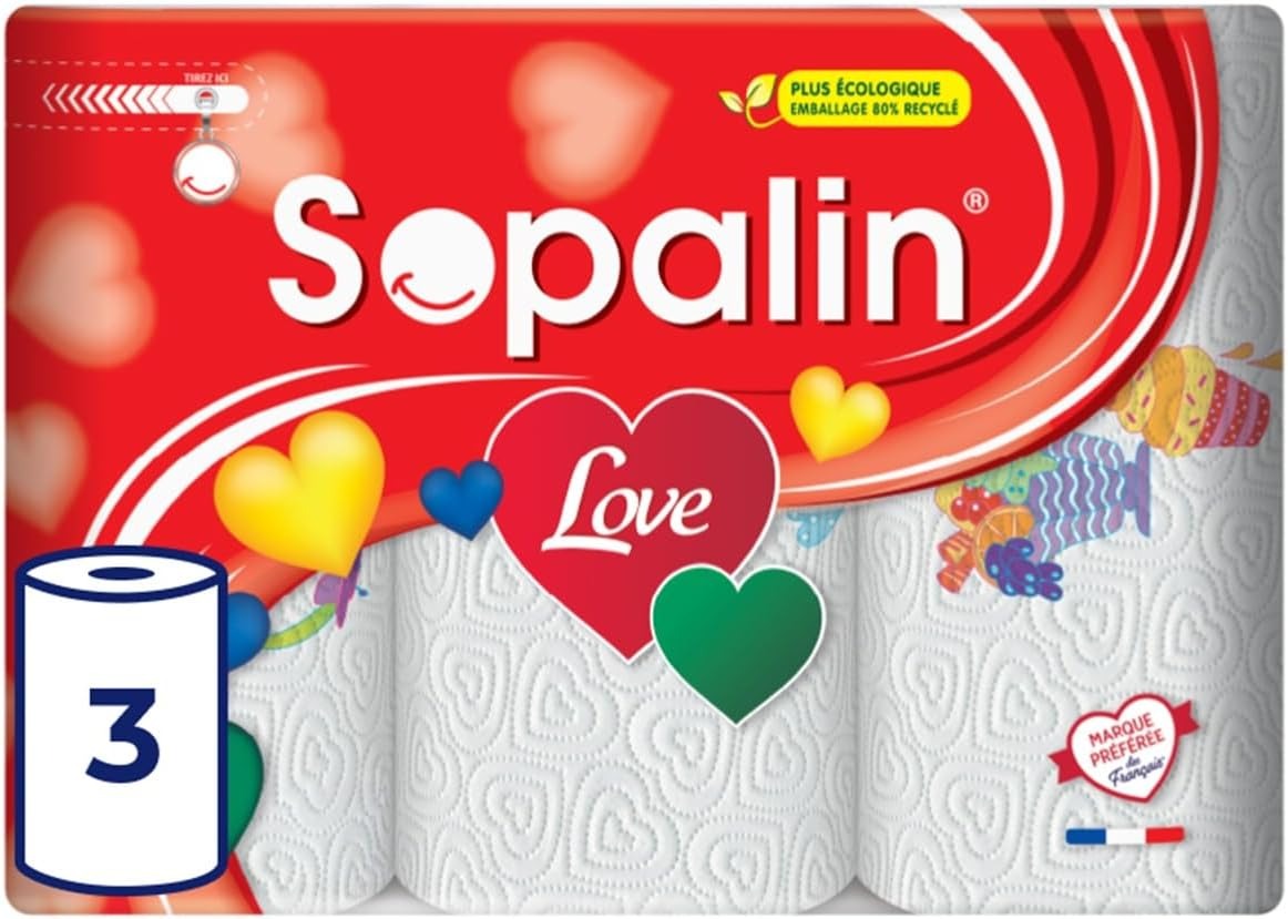 SOPALIN Essuie-Tout 3 Épaisseurs Motif Thème Amour Certifié FSC, 3 Rouleaux