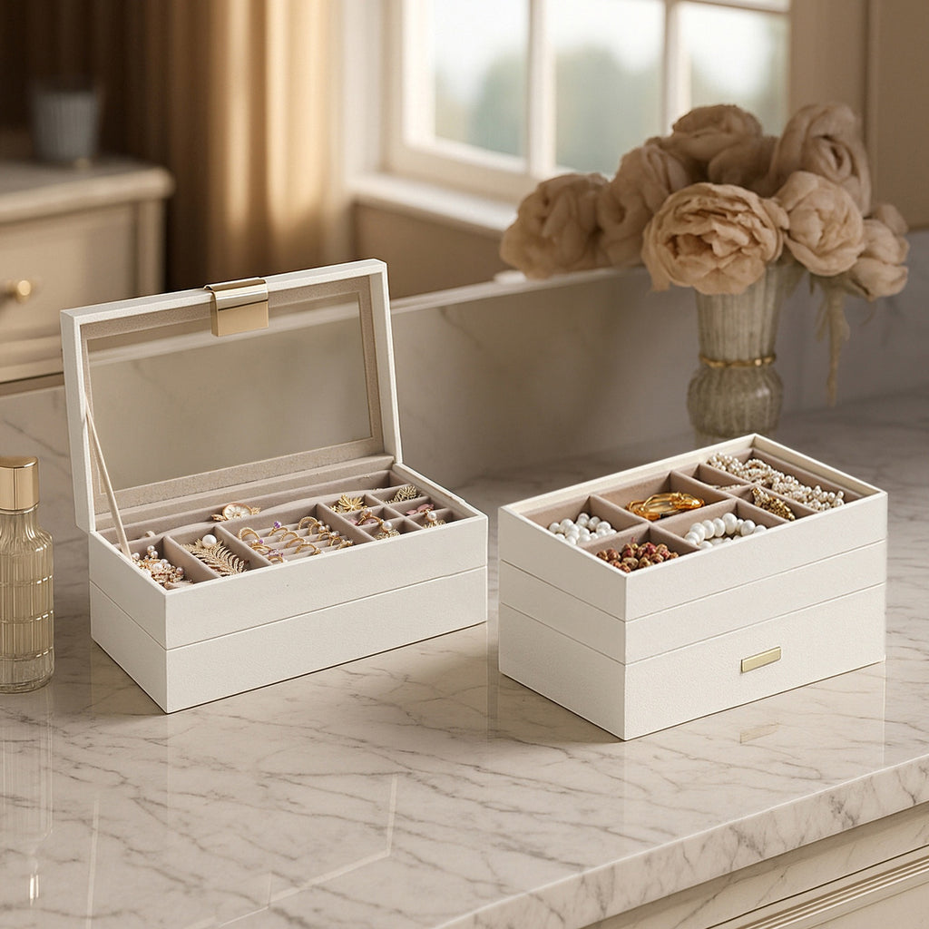 JOYFURNOS Plateaux à Bijoux Empilables , Boîte à Bijoux 6 Niveaux, Grand Coffret à Bijoux avec Couvercle en Verre Transparent, 17 x 28 x 25,3 cm, pour Coiffeuse, Idée Cadeau, Blanc Nuage