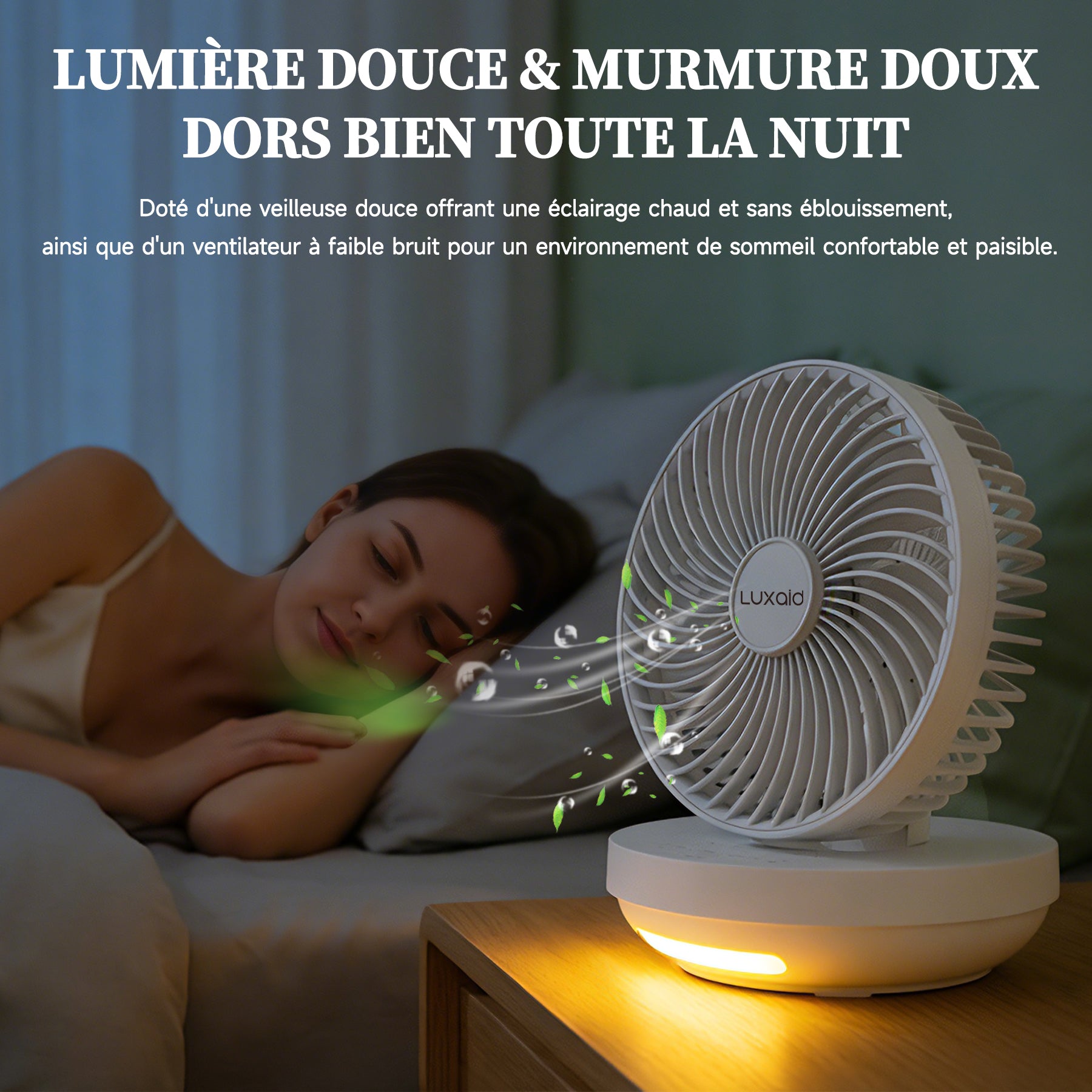Luxaid Ventilateur de bureau pliable avec télécommande, batterie 4000 mAh, chargement USB-C, 3 vitesses, minuterie 4 h, veilleuse, montage mural, portable et compact.