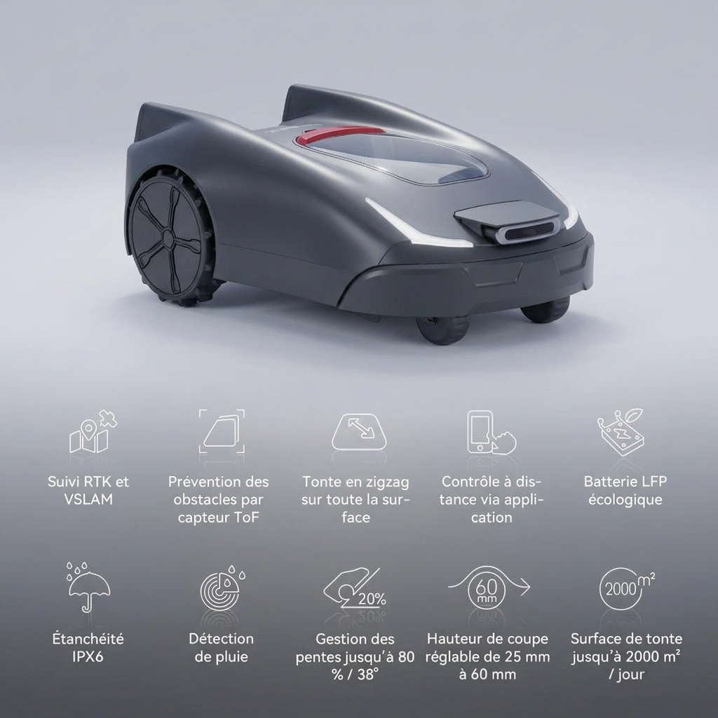 Robot tondeuse Joybee K2, sans fil périphérique, entièrement automatique pour jardins de 3000 m², navigation RTK+Vision, gestion virtuelle multi-zones, contrôle par application