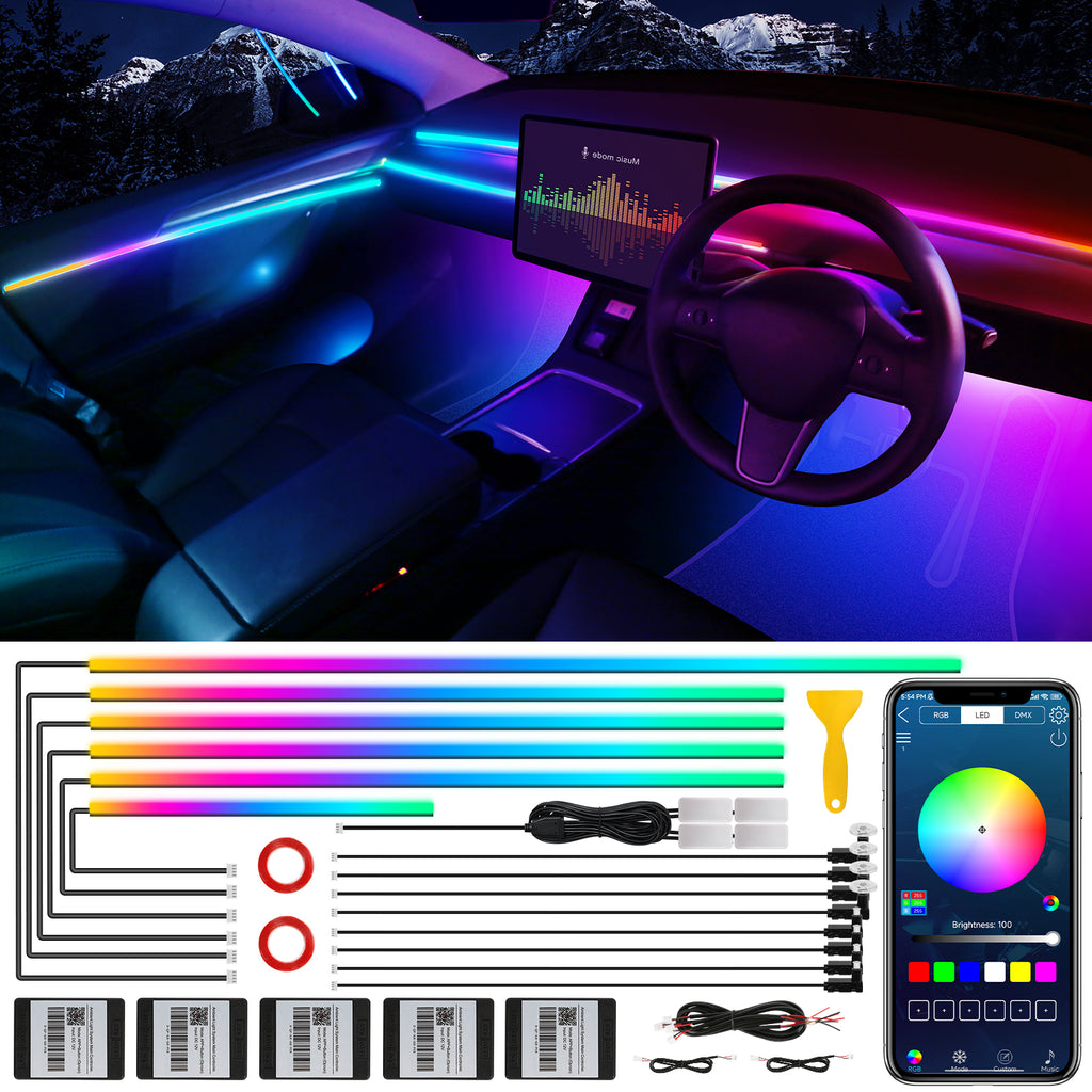 Dreamcolor Ruban LED à fibre optique avec application sans fil, RGB 18-en-1, 175 pouces, 593 LED et effet dynamique avec synchronisation musicale pour voiture