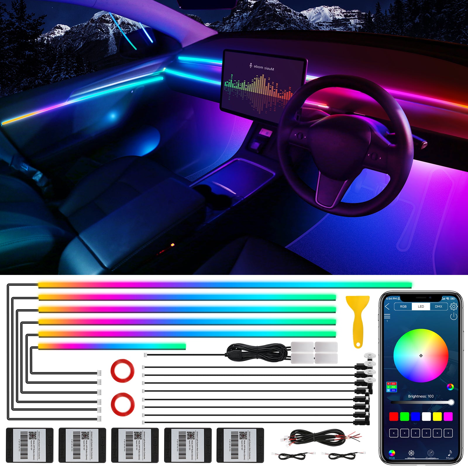 Dreamcolor Ruban LED à fibre optique avec application sans fil, RGB 18-en-1, 175 pouces, 593 LED et effet dynamique avec synchronisation musicale pour voiture