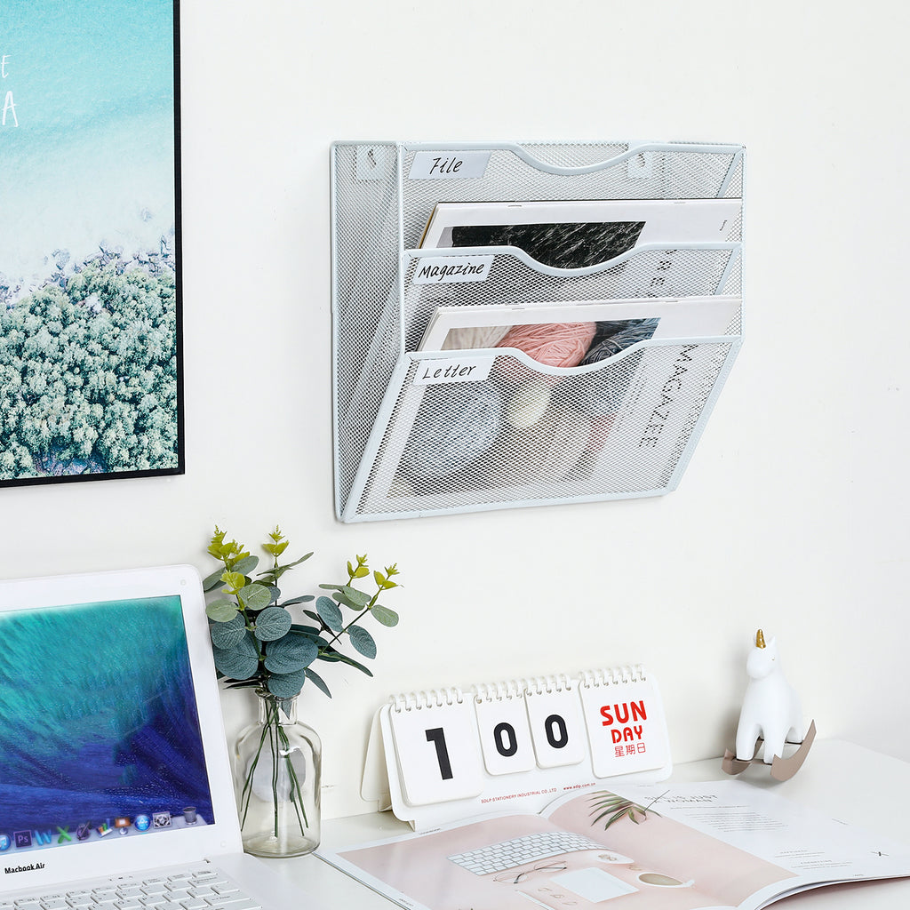 Senhoglb Porte-documents mural A4 en maille métallique à 3 niveaux, Blanc, Soldes du Nouvel An, Meilleures idées cadeaux