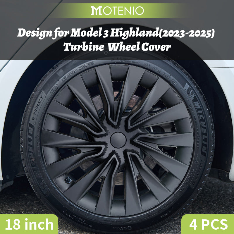 MOTENIO 4 pièces Enjoliveurs de roue premium pour Tesla Model 3 Highland (2023-2026) 18 po Enjoliveurs durables Noir mat Style turbine Couverture intégrale Protections de roue