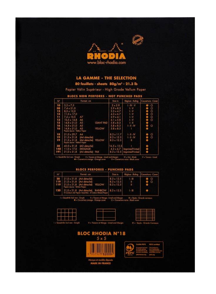 CLAIREFONTAINE Bloc agrafé Rhodia BLACK N°18 21x29,7 cm 80 feuillets petits carreaux 5x5 80 g