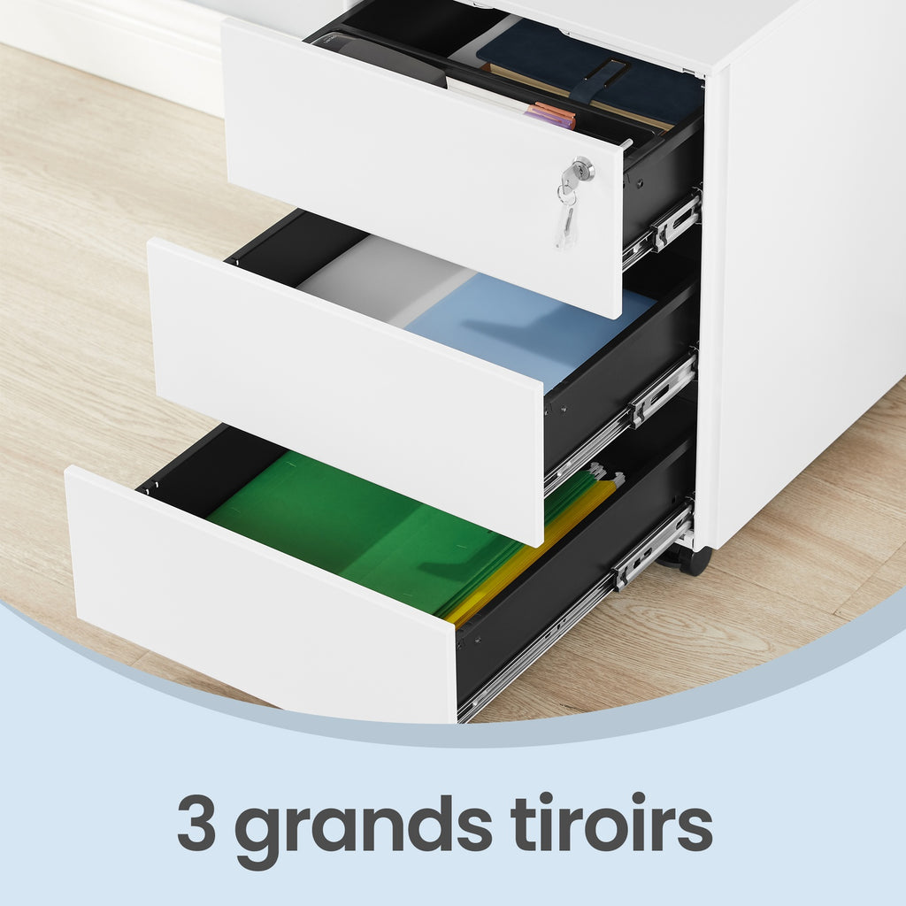 JOYFURNOS Caisson de bureau mobile verrouillable avec 3 tiroirs, rangement documents et fournitures de bureau, préassemblé, pour bureau à domicile, Blanc