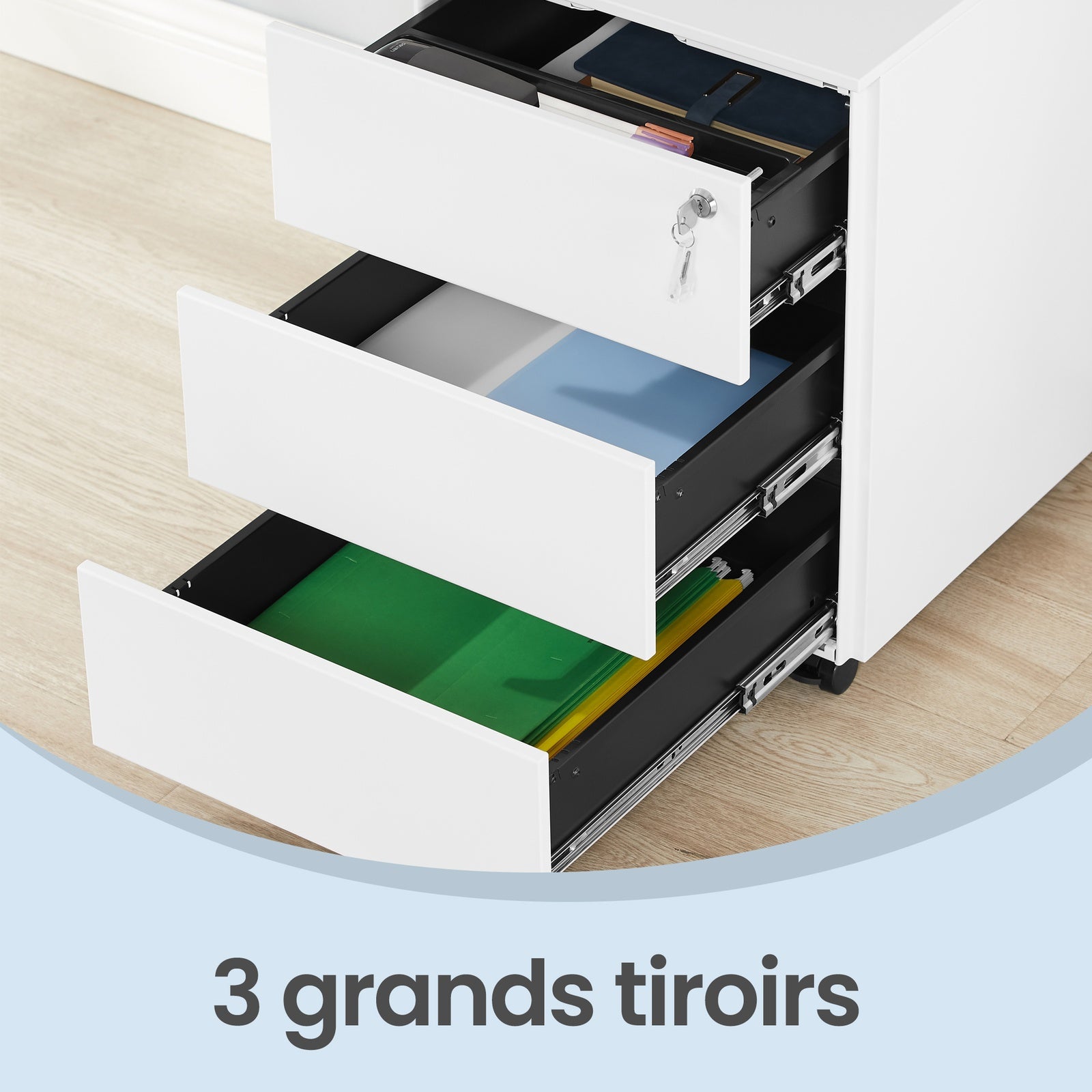 JOYFURNOS Caisson de bureau mobile verrouillable avec 3 tiroirs, rangement documents et fournitures de bureau, préassemblé, pour bureau à domicile, Blanc