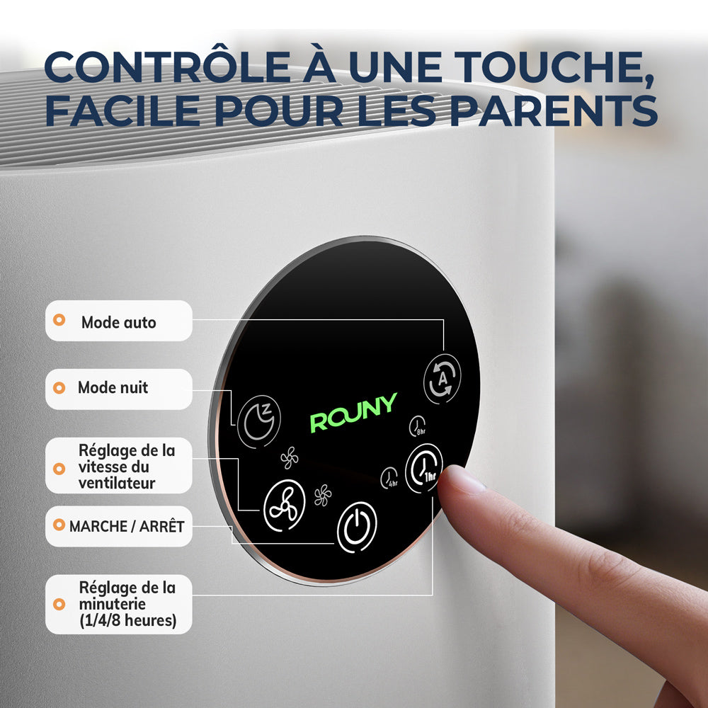 ROUNY Purificateur d'air pour la maison, filtre HEPA H13, CADR 150 m³/h, couverture 20-50 m², mode veille ≤25 dB, affichage de la qualité de l'air, 4 vitesses de ventilation