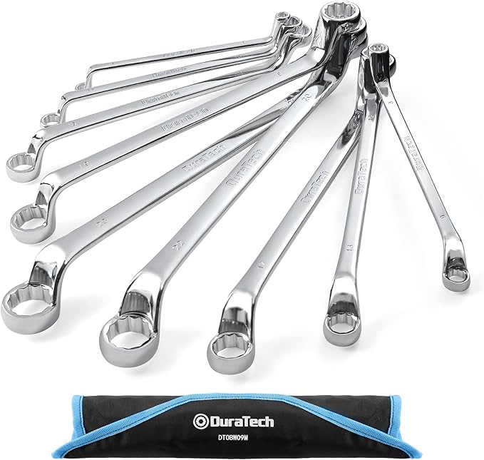 DURATECH Jeu de 9 clés polygonales doubles coudées 6-23 mm, Jeu de clés à œil métriques avec pochette enroulable, Déport 75 degrés, 12 pans, Acier chrome-vanadium