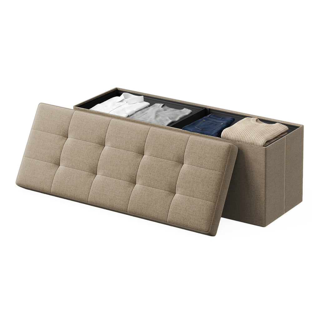 JOYFURNOS Pouf de rangement pliable – Marron Camel, 38 x 110 x 38 cm, repose-pieds avec bo?te de rangement, charge max 300 kg – idéal pour salon, chambre ou couloir