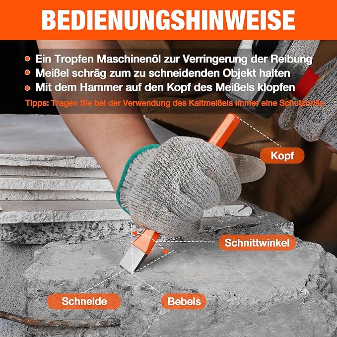 ValueMax Jeu de 3 burins à froid de maçonnerie en Cr-V (10 mm, 12 mm, 16 mm) pour pierre, maçonnerie, ciment, mortier et construction