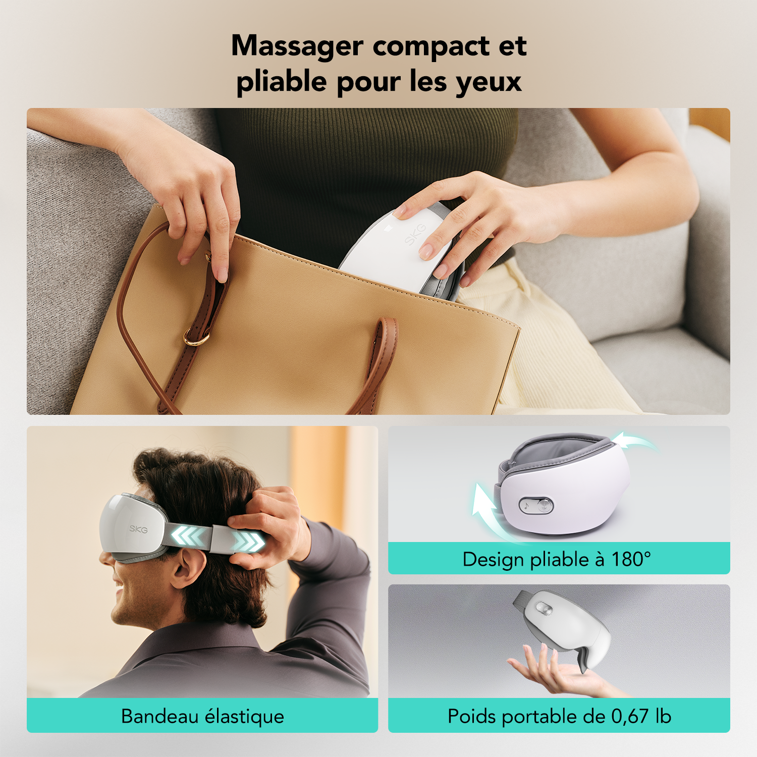 SKG ES500 Appareil de massage pour les yeux Faible bruit et PU ultra doux et respectueux de la peau Soulager la fatigue oculaire Cadeau pour l'être aimé