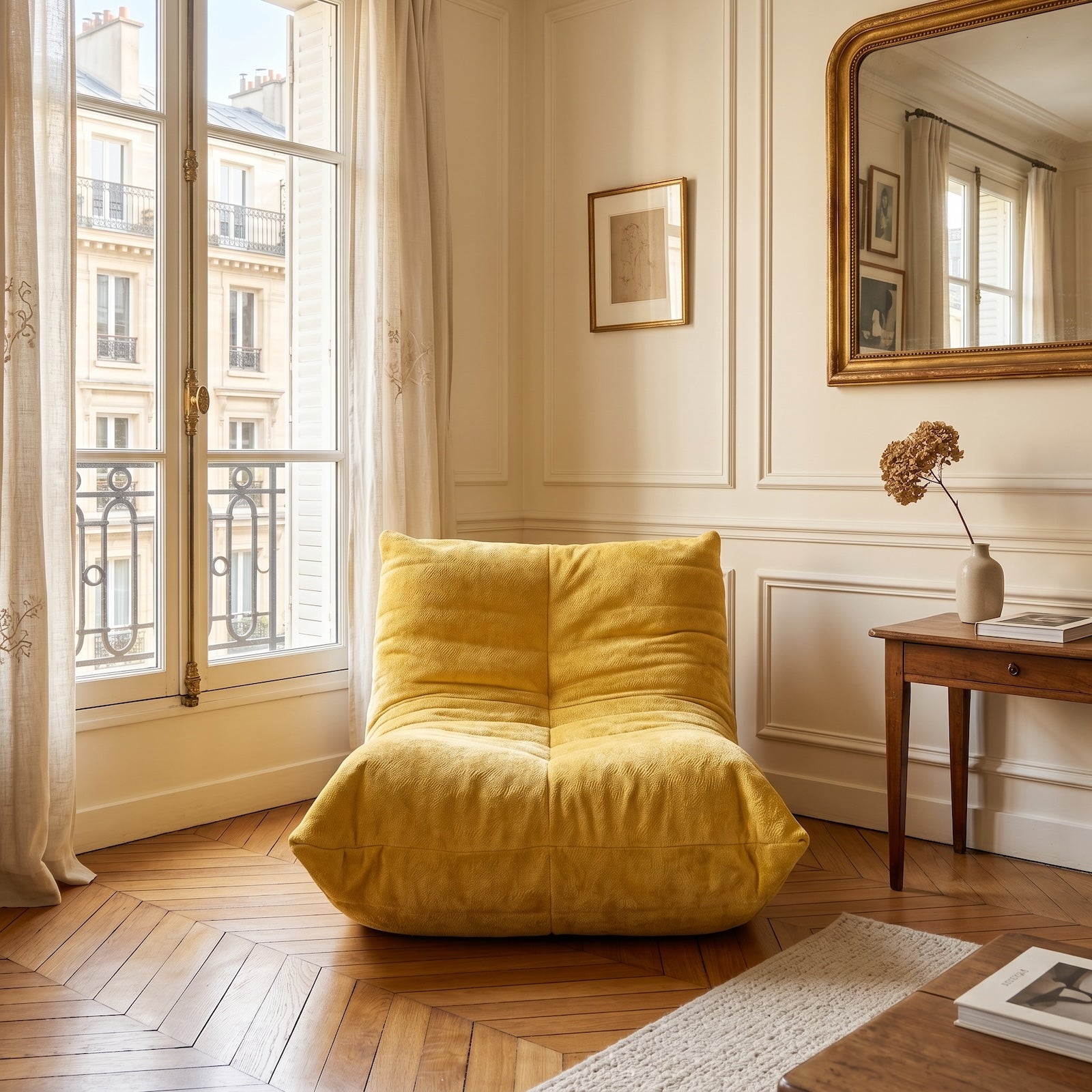 URBAN MEUBLE Fauteuil pouf en chenille Série canapé de détente Jaune 90 x 100 x 80 cm