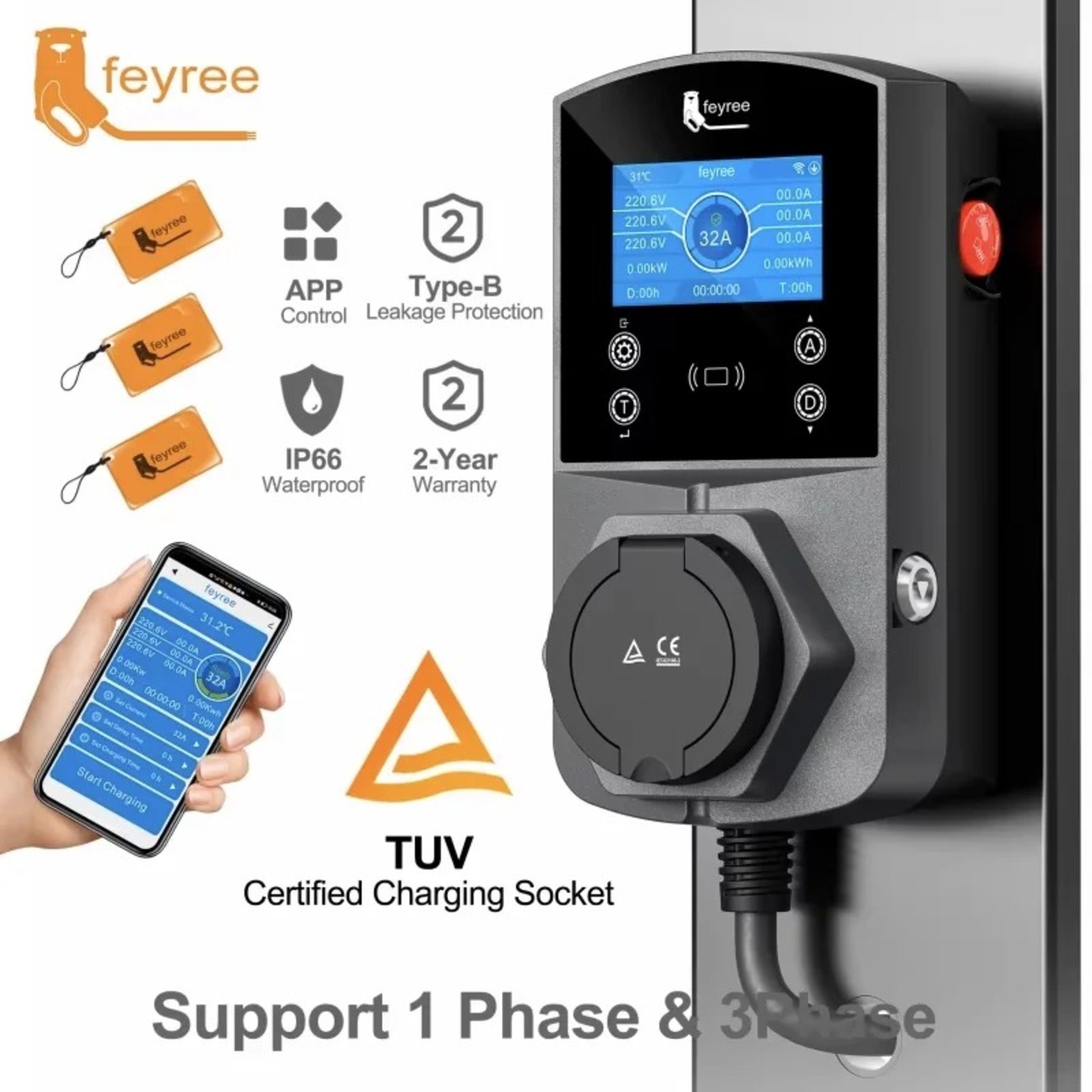 Feyree Borne de recharge murale intelligente Type 2 version prise 22 kW pour véhicule électrique, équipement d'alimentation pour véhicule électrique pour fiches TS-NACS Type 1 GB/T