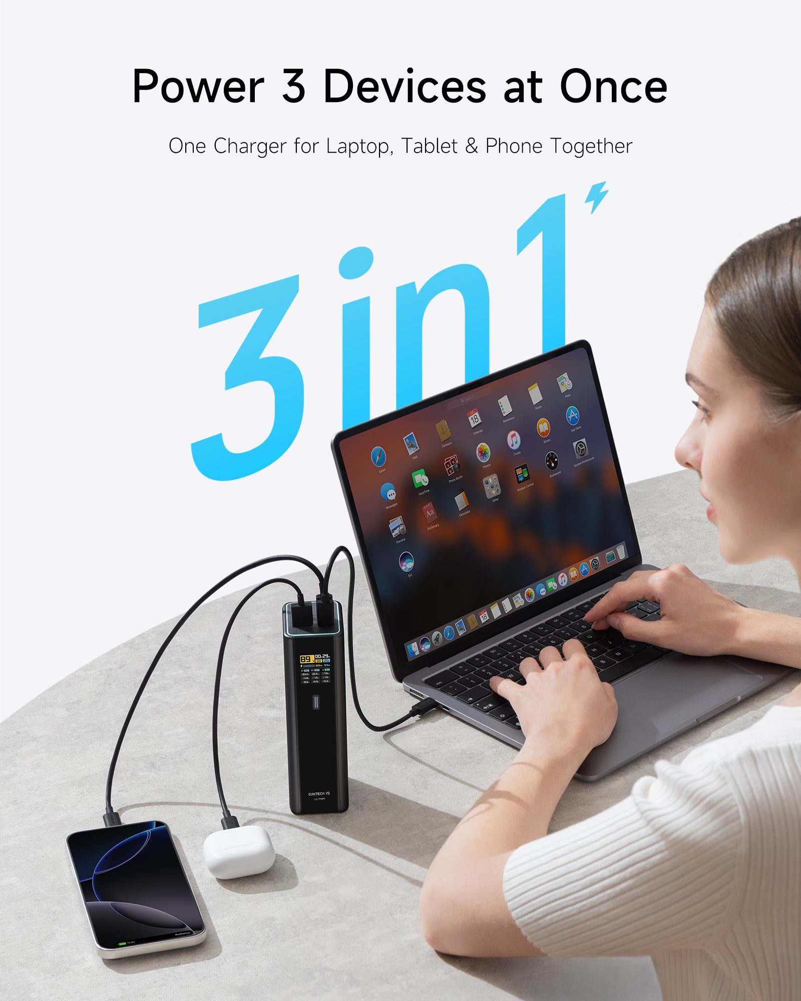 CUKTECH 15 Batterie externe, 20 000 mAh, 140 W, chargeur pour ordinateur portable, chargeur USB-C 3 ports, charge rapide PD3.1, PB200U, Noir