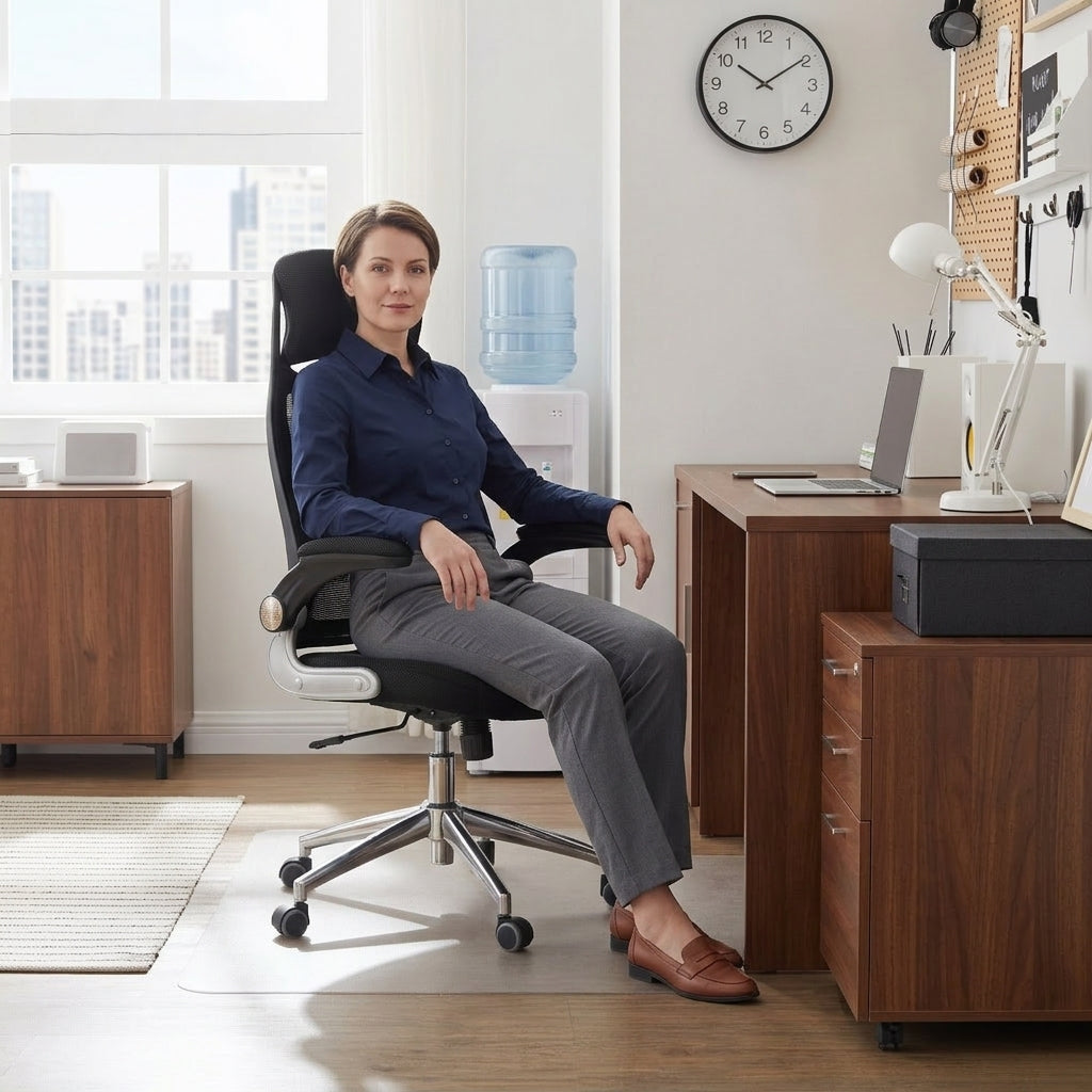 JOYFURNOS Chaise de bureau, chaise de secrétariat, fauteuil de direction, fauteuil pivotant avec appui-tête, accoudoirs rabattables, fonction basculante, noir