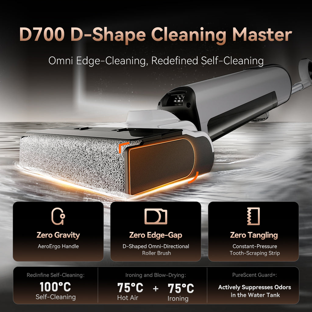 Aspirateur eau et poussière UWANT D700, détection intelligente des taches, conception inclinable à 180°, nettoyage des bords 2 mm, station de base à encliqueter, eau électrolytique, puissance d'aspiration 20000 Pa