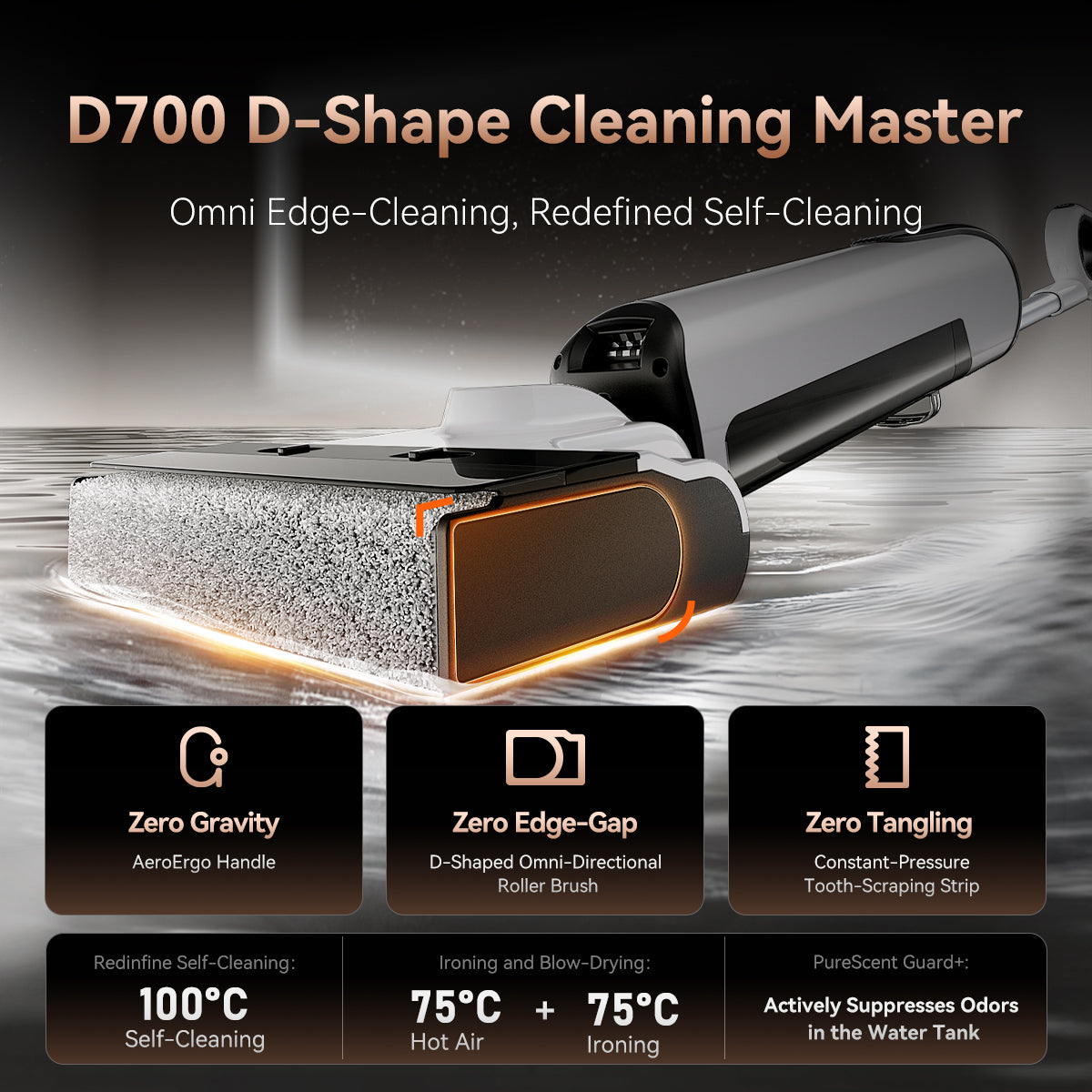 Aspirateur eau et poussière UWANT D700, détection intelligente des taches, conception inclinable à 180°, nettoyage des bords 2 mm, station de base à encliqueter, eau électrolytique, puissance d'aspiration 20000 Pa