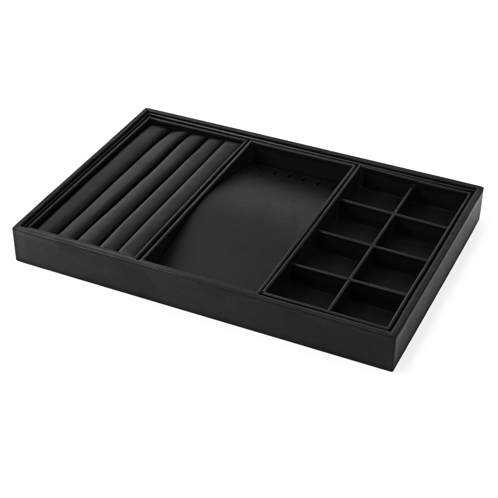 Oirlv Plateau de présentation en cuir PU, organisateur de bijoux noir, présentoir pour bagues, boucles d'oreilles, colliers et bracelets, accessoires de présentation et de rangement