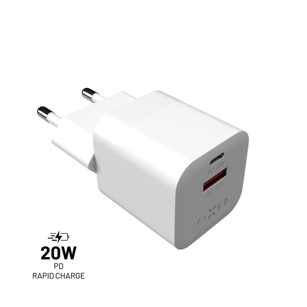 FIXED Mini Chargeur de voyage USB-C/USB 20W, Blanc