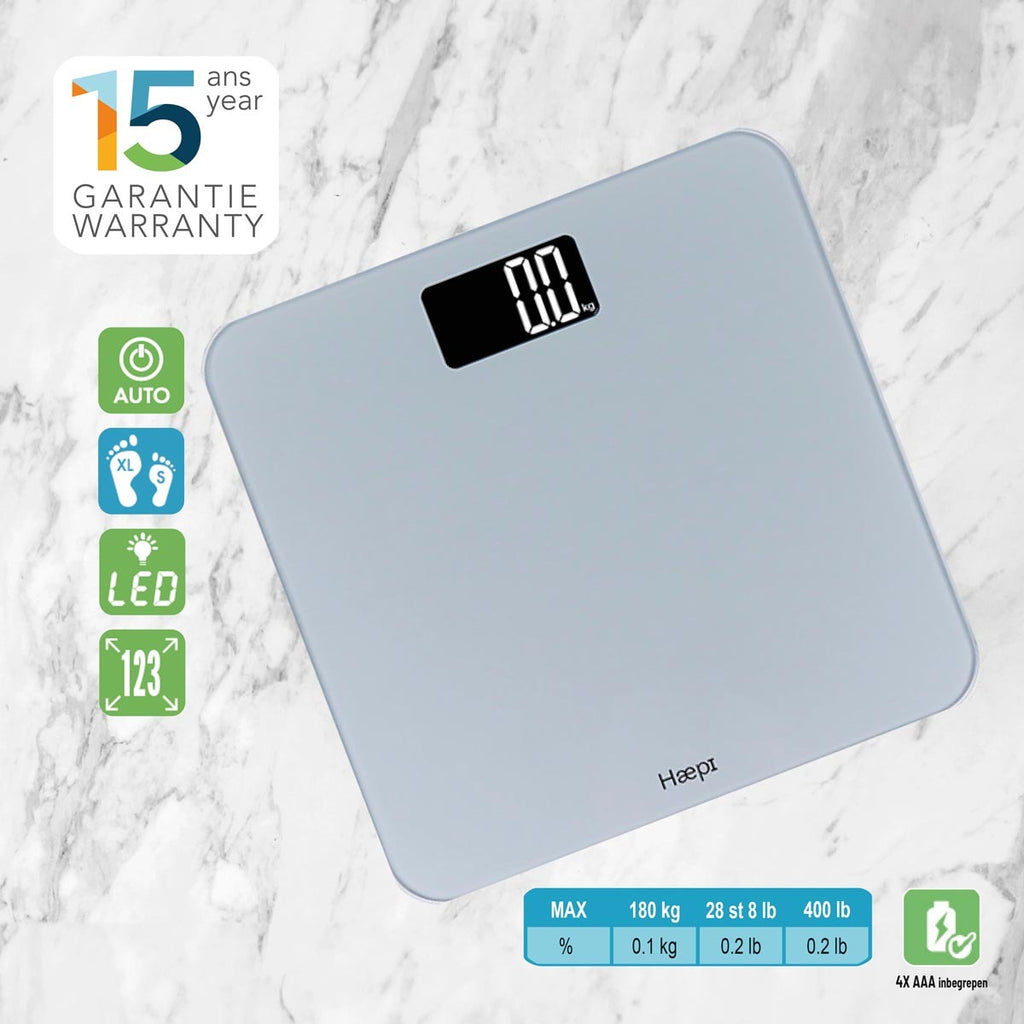 Haepi - Pèse-personne électronique avec grande plateforme et écran rétroéclairé - Capacité max. 180 kg - Piles incluses - Garantie 15 ans