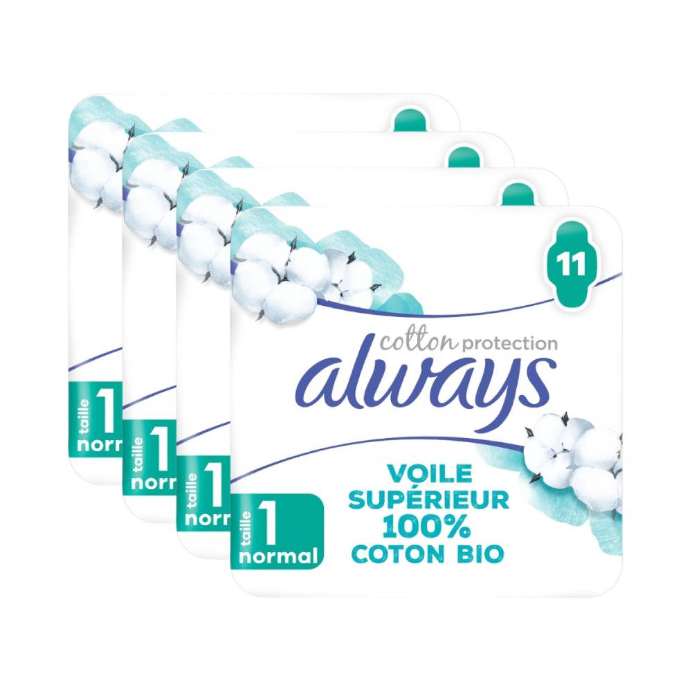 Always Ultra Serviettes Hygiéniques Protection Coton Avec Ailettes Flux Normal - 44 Unités (4 Paquets de 11)