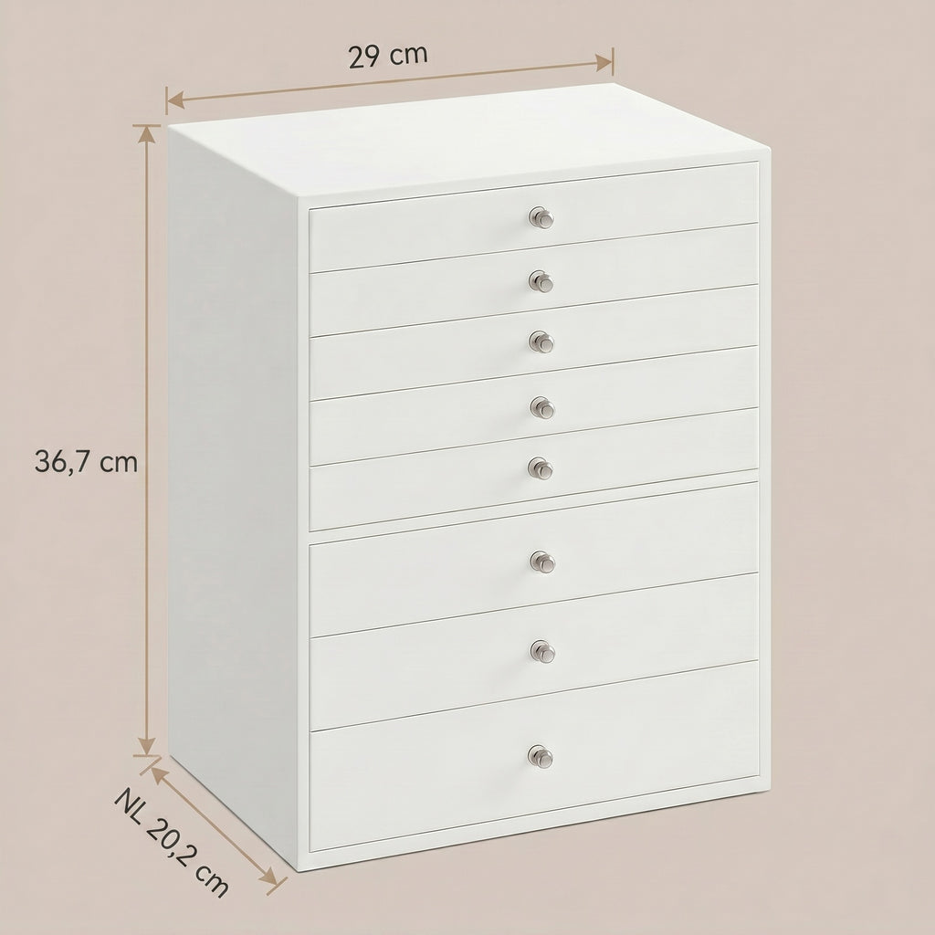 JOYFURNOS Organisateur de bijoux avec tiroirs, Boîte de rangement à 8 niveaux, Grande capacité, Idée cadeau moderne, Pour chambre, Blanc