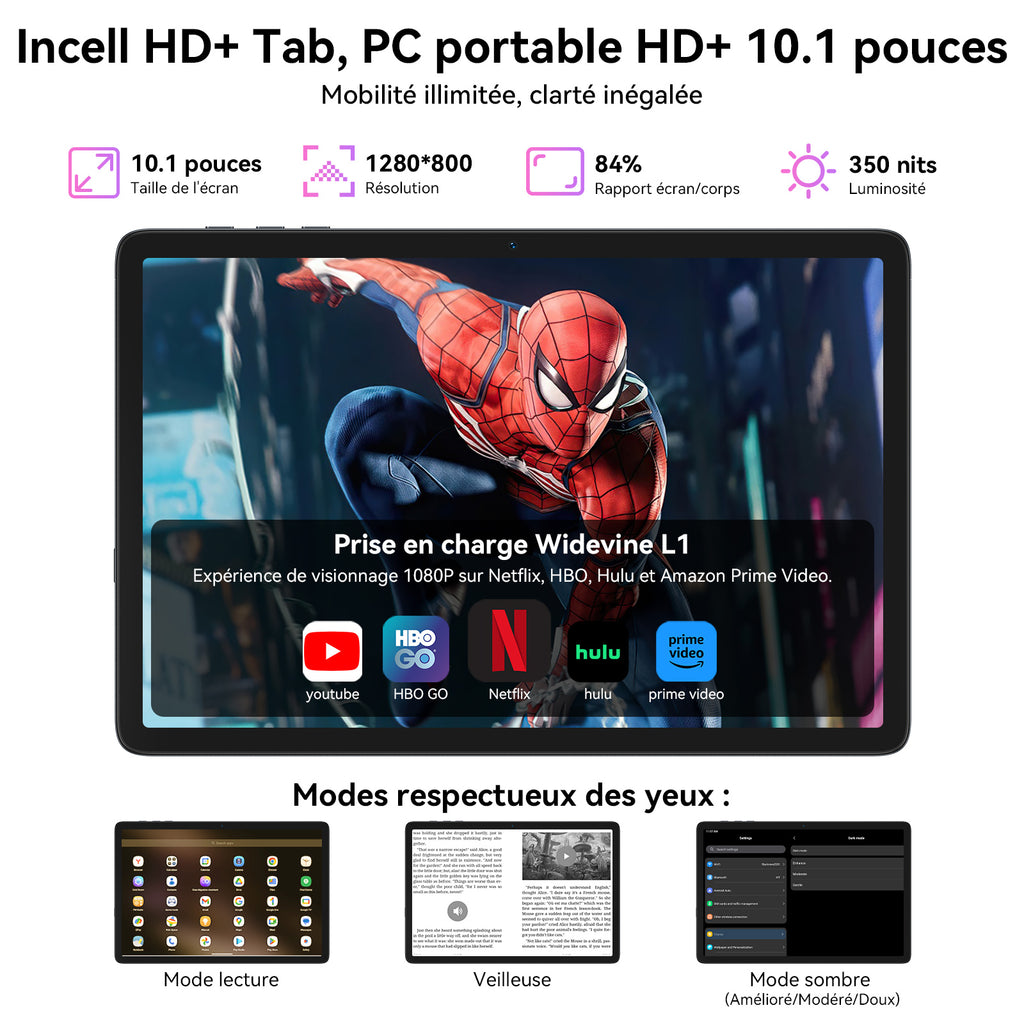Tablette TABWEE T20 10,1 pouces, 24 Go (8 + 16) de RAM + 256 Go de ROM/2 To TF, Gemini AI, processeur T606 octa-core + appareil photo 8 Mpx, batterie 5 000 mAh, Widevine L1, tablette 2-en-1 avec clavier/souris/stylet