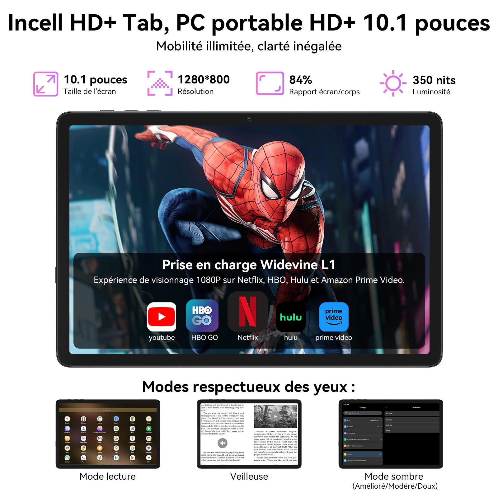 Tablette TABWEE T20 10,1 pouces, 24 Go (8 + 16) de RAM + 256 Go de ROM/2 To TF, Gemini AI, processeur T606 octa-core + appareil photo 8 Mpx, batterie 5 000 mAh, Widevine L1, tablette 2-en-1 avec clavier/souris/stylet