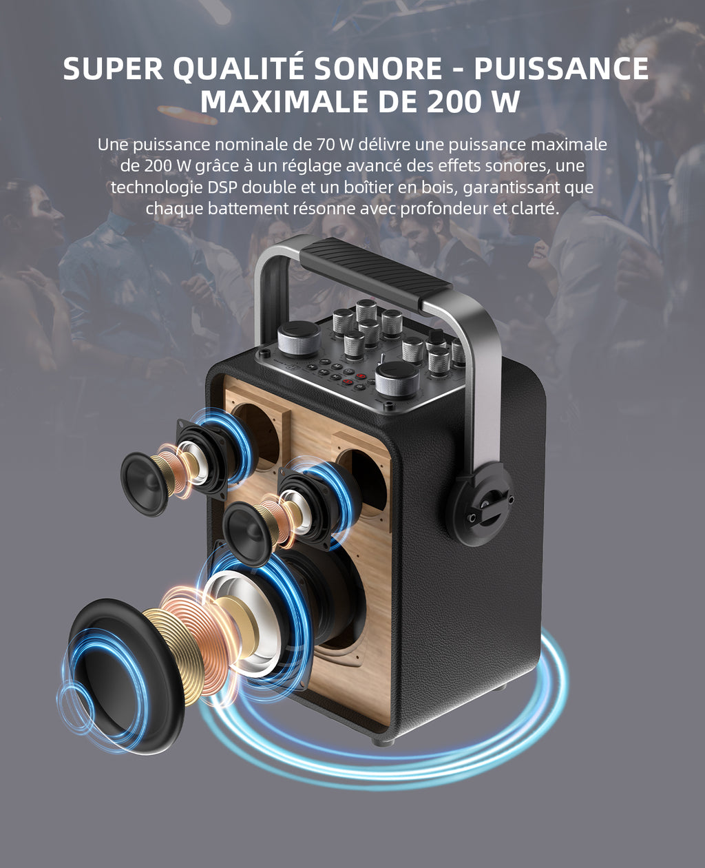 mlove Rangers D5 Machine à karaoké professionnelle 200 W avec 2 microphones sans fil, Bluetooth, Noir