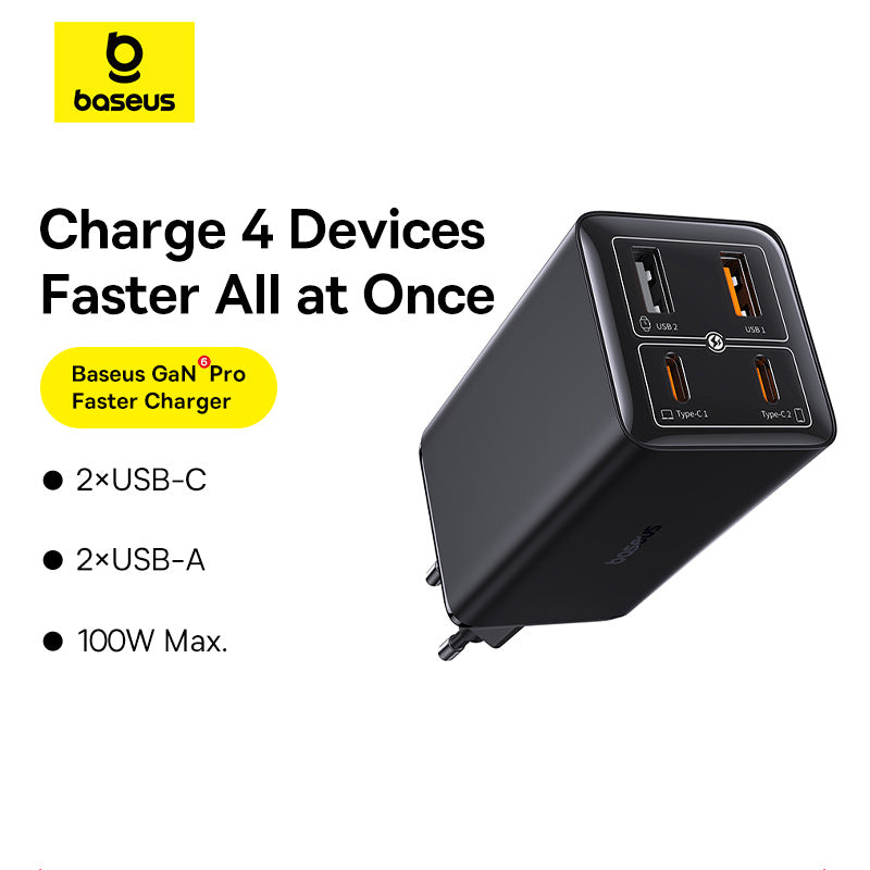 Baseus GaN6 Pro Chargeur rapide Gallium Nitride 2C + 2U 100 W - Noir Stellaire