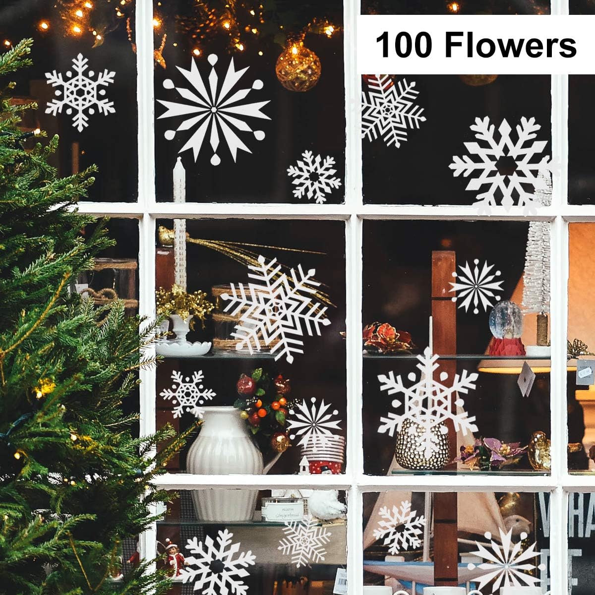SALCAR Lot de 100 autocollants de Noël, décorations autocollantes flocons de neige pour fenêtres et portes, 4 motifs en 3 tailles