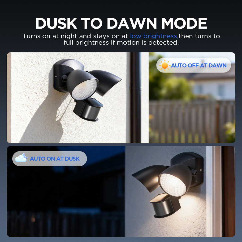 Projecteur de Sécurité LED LUTEC 20W 1700LM 4000K avec Capteur – Double Tête Intégrée pour Extérieur, Terrasse, Jardin, Cour – Noir