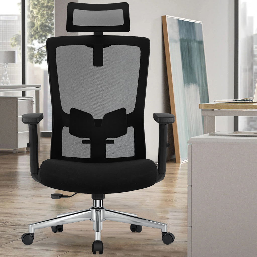 GTIMEX Fauteuil de bureau ergonomique avec soutien lombaire réglable, accoudoirs et appui-tête, fauteuil de bureau pivotant 150 kg, fonction bascule jusqu'à 135°