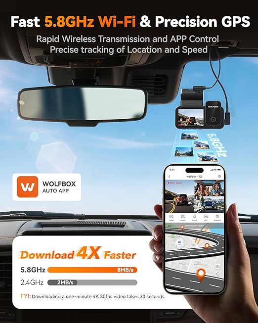 WOLFBOX Caméra embarquée voiture 3 canaux, caméra avant 4K + intérieure 1080P + arrière 2,5K, Wi-Fi 5,8 GHz et GPS, écran tactile, commande vocale